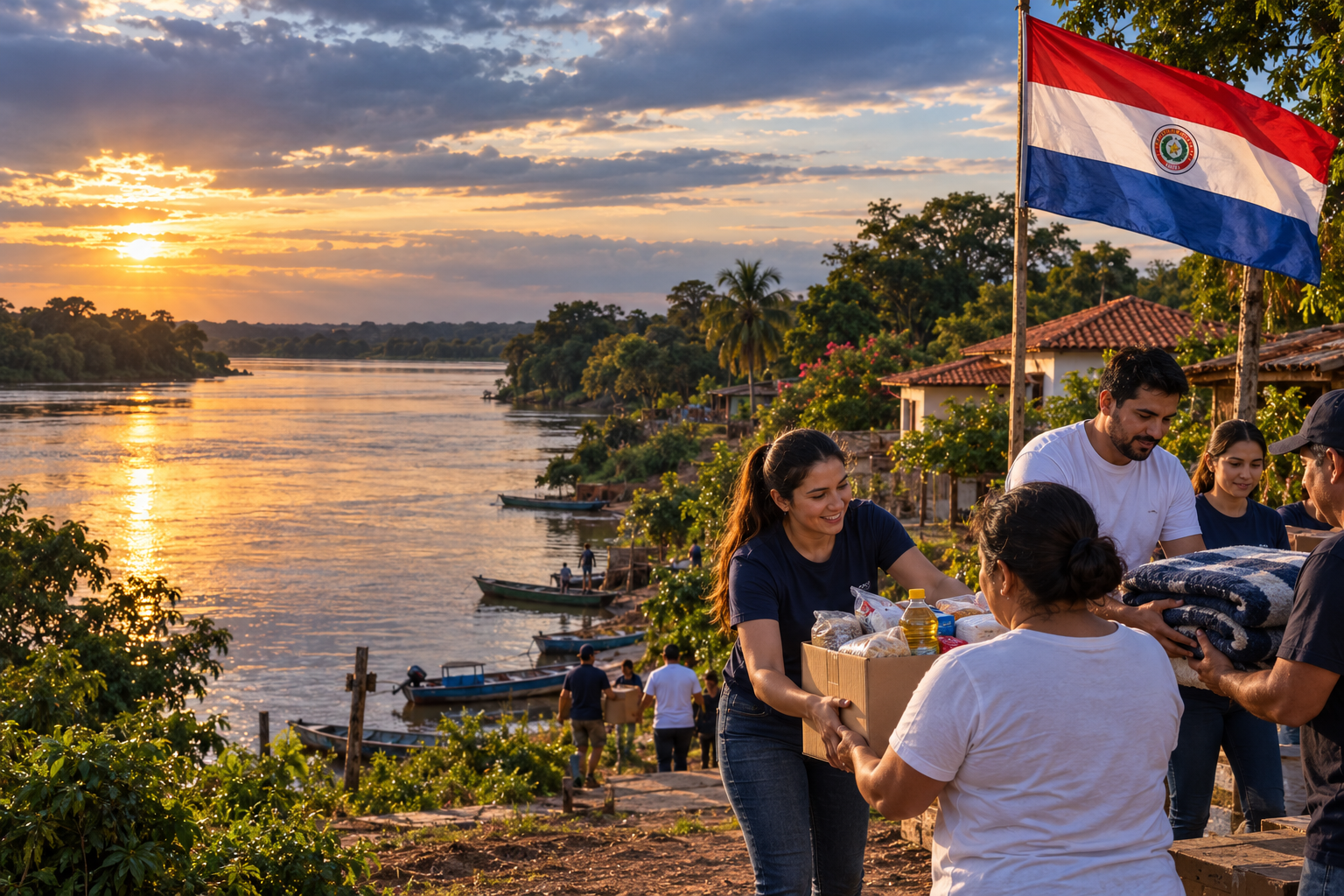 Escena ilustrativa de solidaridad en una comunidad ribereña, con la bandera paraguaya.
